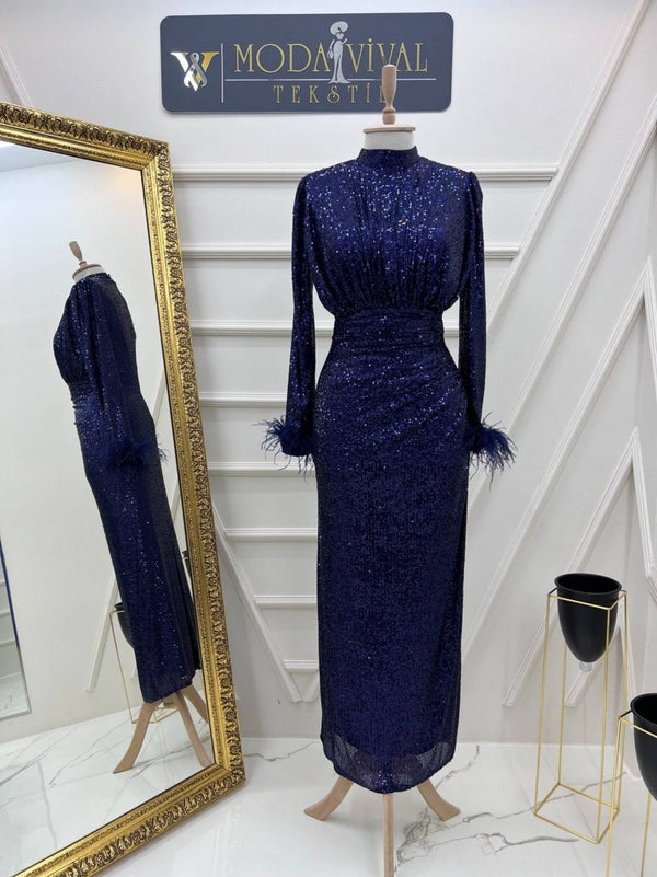 FEATHERED SEQUINED SHINY EVENING DRESS